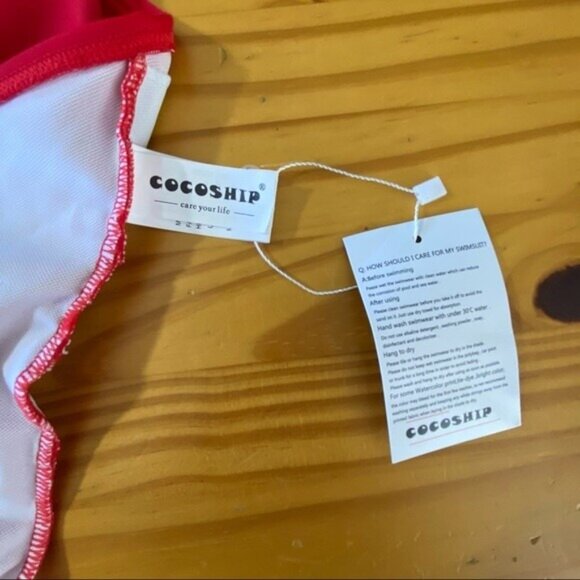 NWT COCOSHIP Plunging Neck One Piece Swimsuit Pom Pom Tassel 16 Red White - Picture 11 of 12